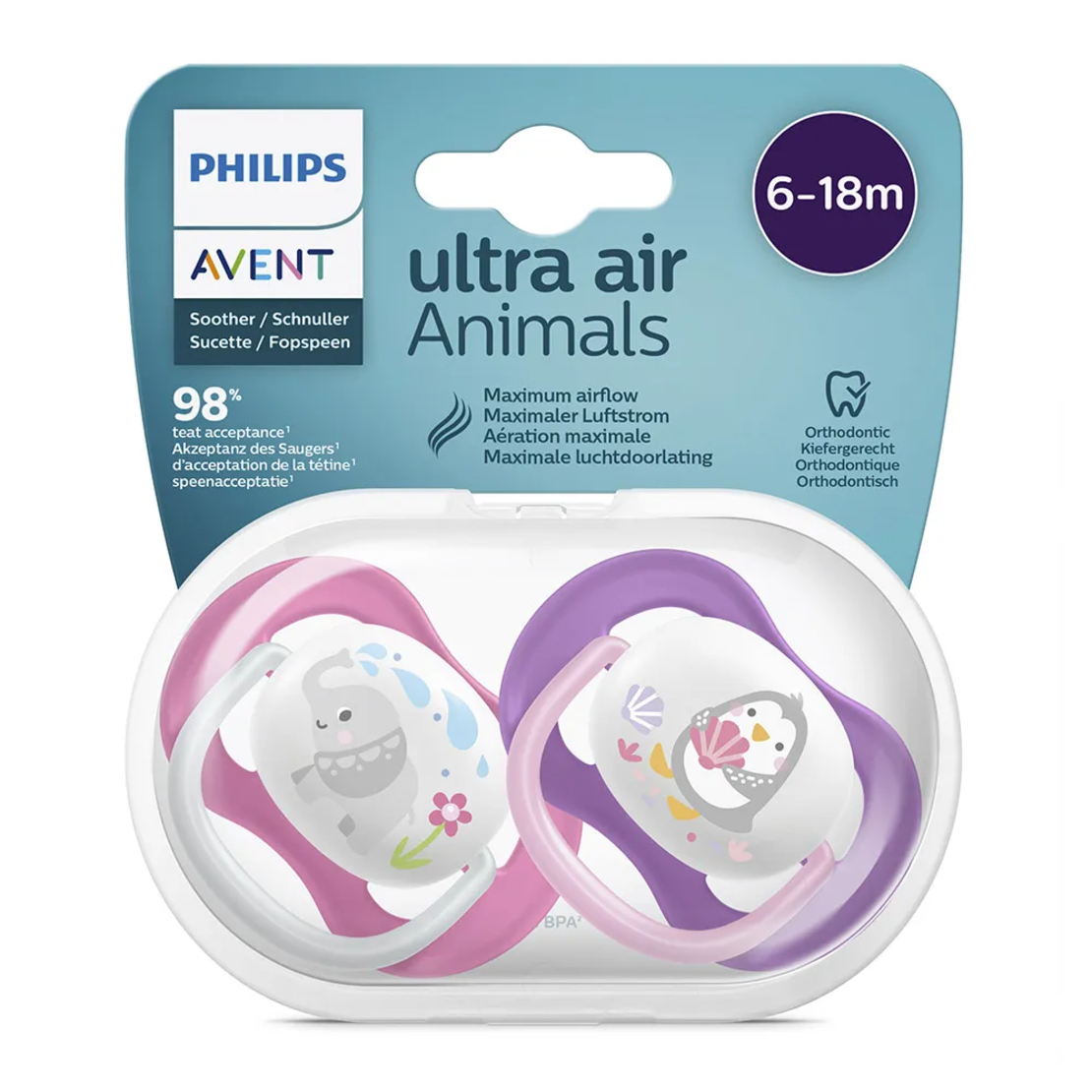 Philips AVENT SCF080/12 Комплект 2 Броя Ортодонтични Залъгалки Ultra Air Happy 0-6м+ с декорация Пингвин и Костенурка в Кутия за Стерилизиране