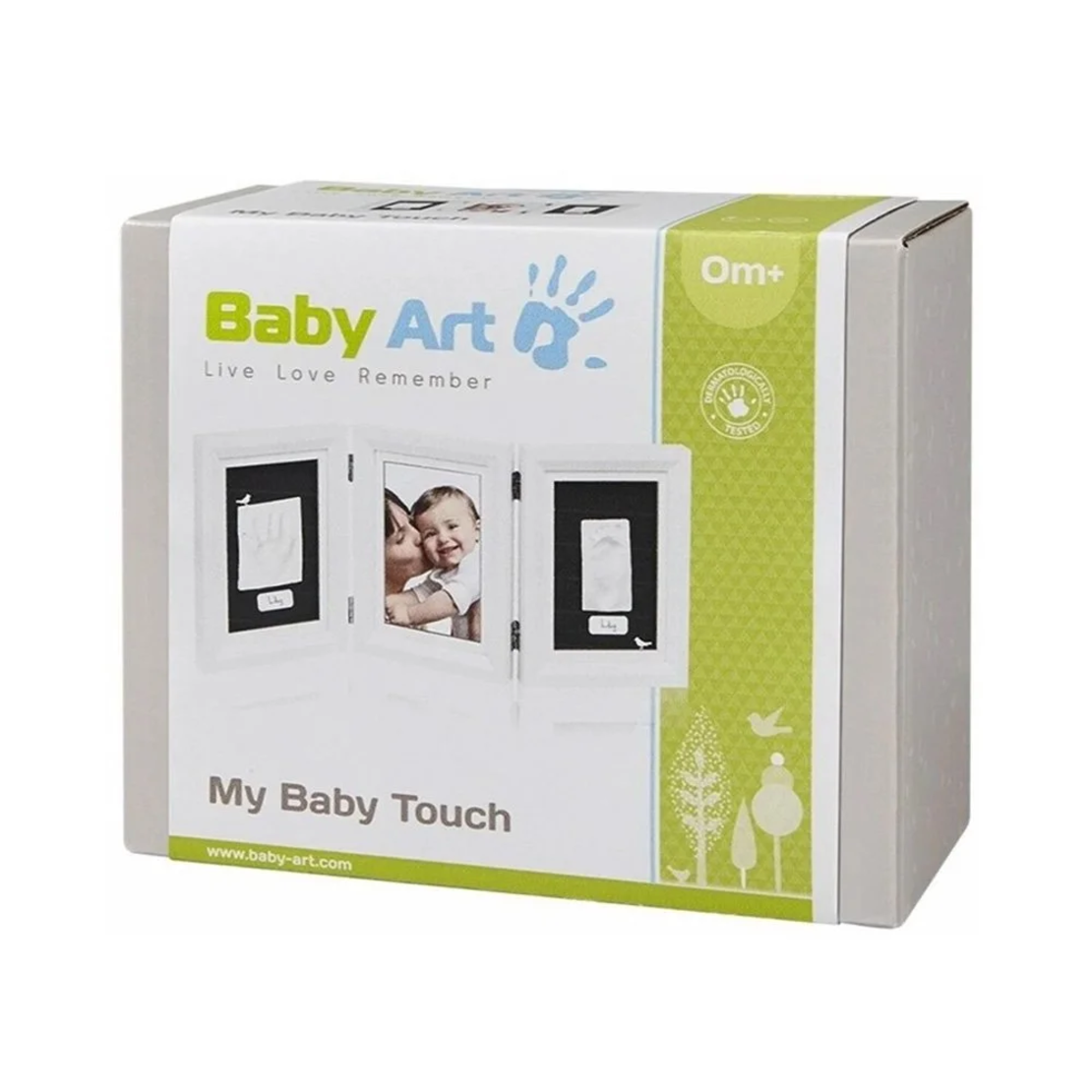 BABY ART ДЪРВЕНА ФОТО РАМКА ОТ 3 ЧАСТИ ЗА 2 ОТПЕЧАТЪКА И СНИМКА MY BABY TOUCH ОТ СЕРИЯТА TIMELESS CLASSIC НА БЯЛА РАМКА С БЯЛО ПАСПАРТУ