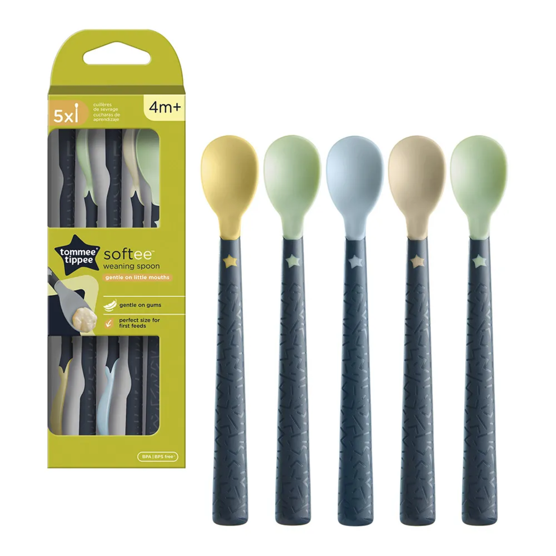 Tommee Tippee 4М+ Комплект от 5 броя Лъжички за Самостоятелно Хранене на Бебето с Мек Връх