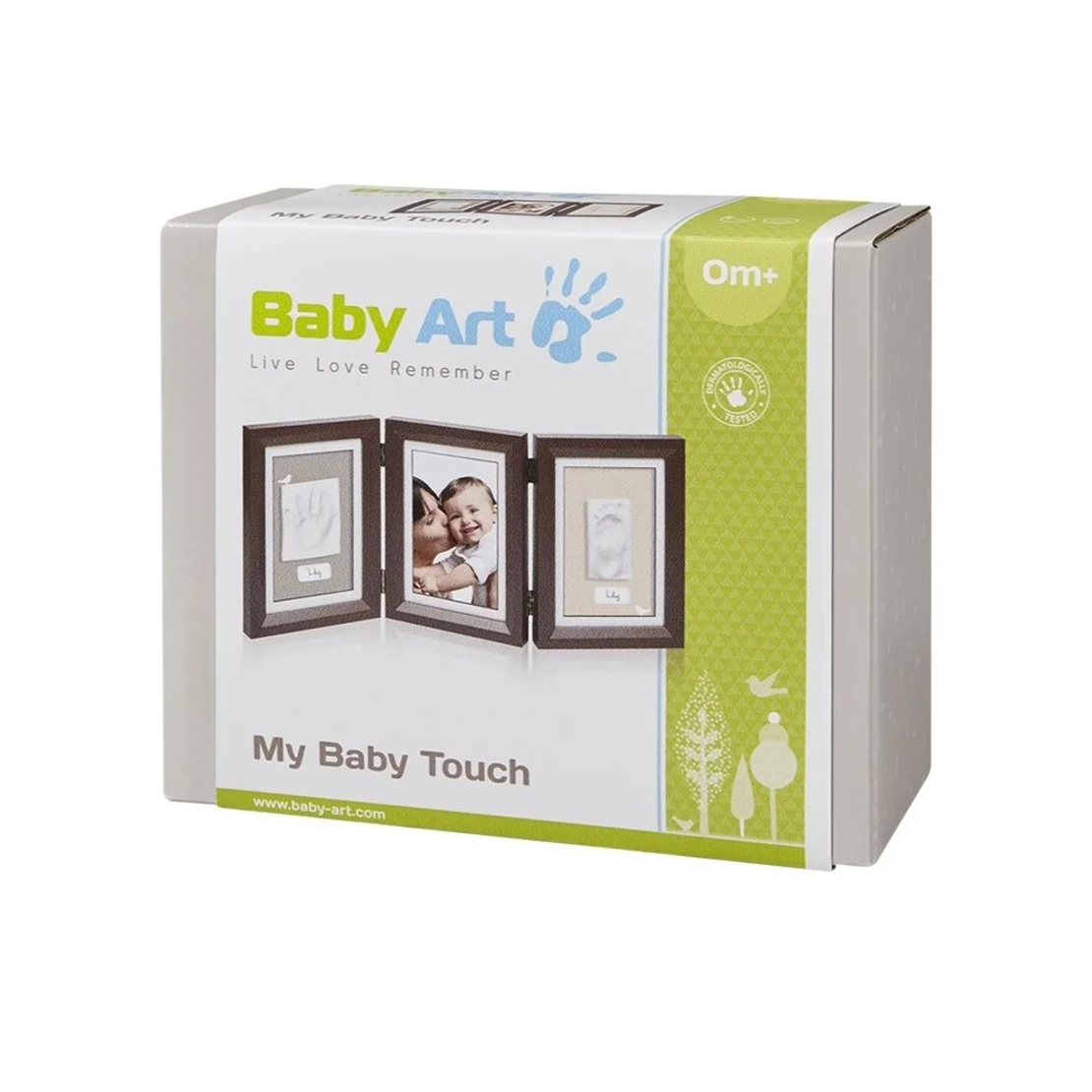 BABY ART ДЪРВЕНА ФОТО РАМКА ОТ 3 ЧАСТИ ЗА 2 ОТПЕЧАТЪКА И СНИМКА MY BABY TOUCH ОТ СЕРИЯТА TIMELESS CLASSIC НА  KАФЯВА РАМКА С БЯЛО ПАСПАРТУ.