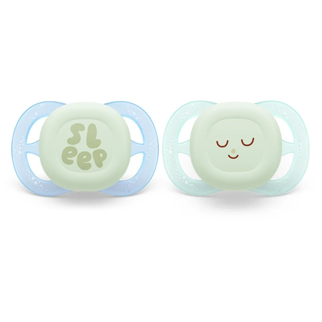 Philips AVENT SCF075/08 Комплект от 2 броя светещи в тъмното ортодонтични залъгалки за новородени Ultra Start Night 0-2м в синьо и зелено с декор Sleep в кутия за стерилизиране
