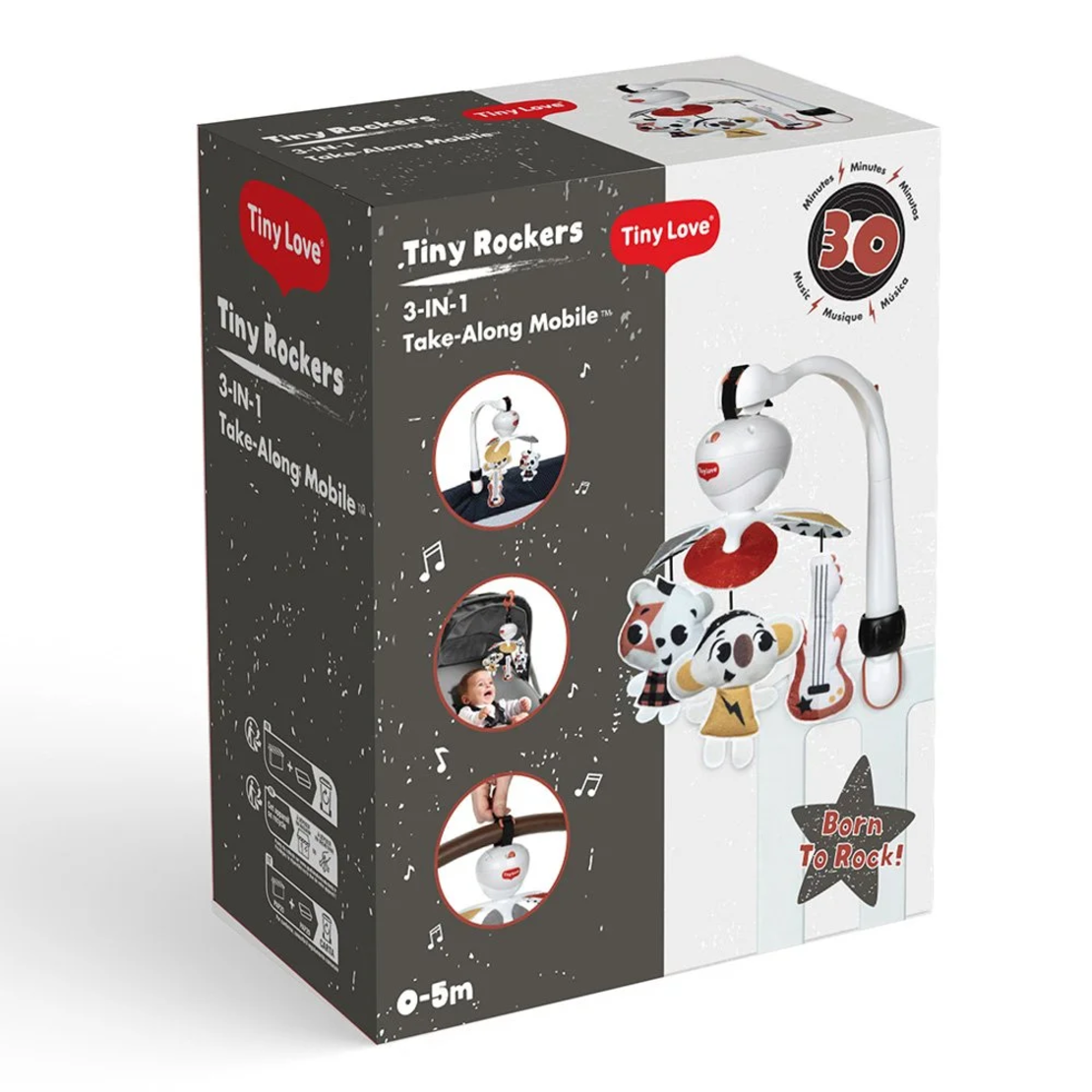 TINY LOVE Take-Along Mobile 3-в-1 Музикална въртележка от серията Tiny Rockers с 3 лесни начина за закачане у дома или в движение 30 минути музика с 5 рок-енд-рол мелодии 0м+