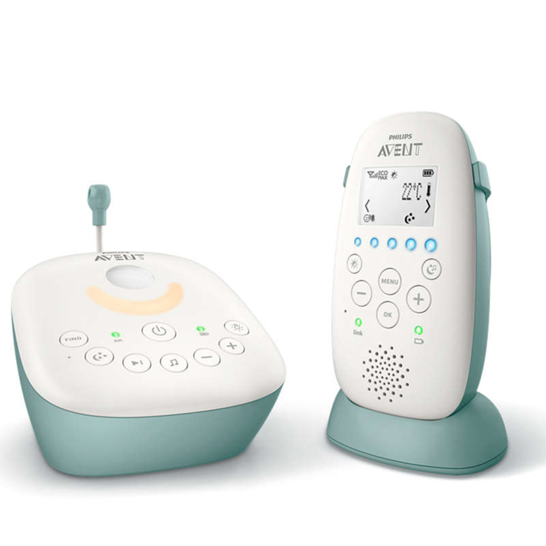 Philips AVENT SCD731/52 DECT Бебефон Температурен Сензор с Успокояваща Нощна Светлина и Приспивни Песни и Нощен Проектор