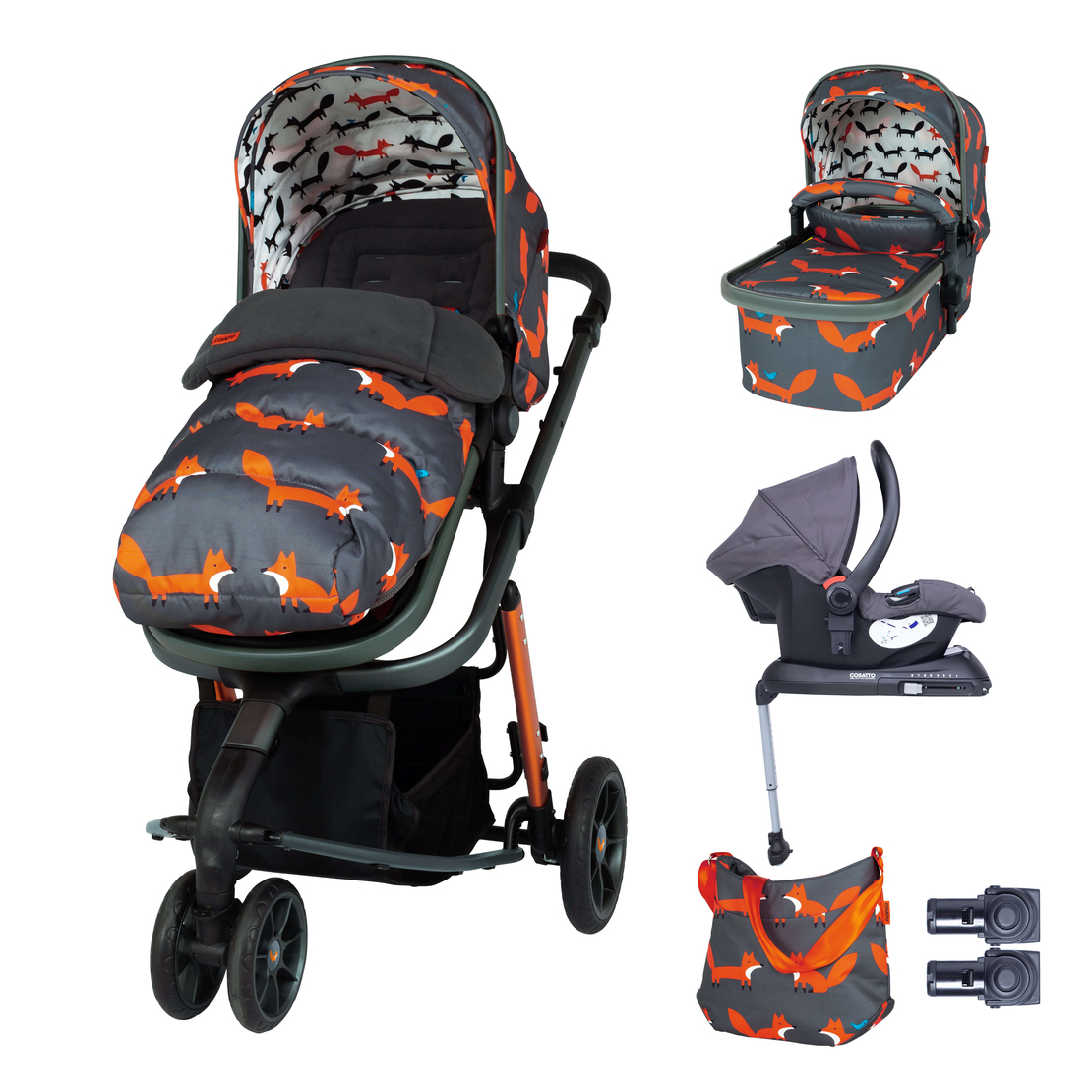 Комплект количка Cosatto Giggle 3 Charcoal Mister Fox 5в1, i-Size база и чувалче за крака