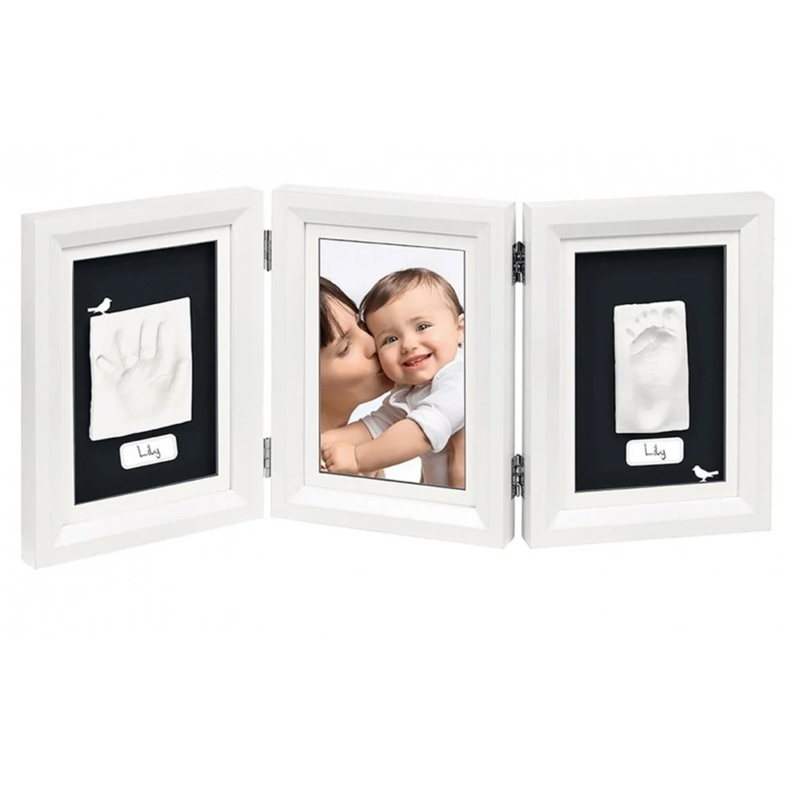 BABY ART ДЪРВЕНА ФОТО РАМКА ОТ 3 ЧАСТИ ЗА 2 ОТПЕЧАТЪКА И СНИМКА MY BABY TOUCH ОТ СЕРИЯТА TIMELESS CLASSIC НА БЯЛА РАМКА С БЯЛО ПАСПАРТУ