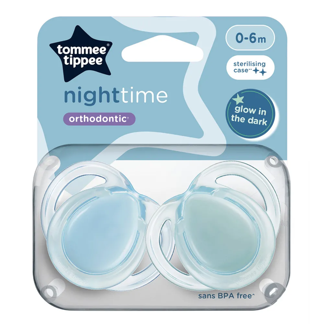 Tommee Tippee Ортодонтични Залъгалки Night Time 0-6М+ 2 Броя Сини и Светещи Дръжки