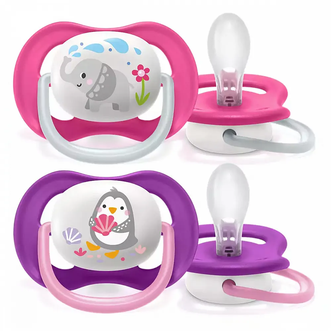 Philips AVENT SCF080/08 Комплект 2 Броя Ортодонтични Залъгалки Ultra Air Animals 6-18м+ Декорация Слон и Пингвин в Кутия за Стерилизиране