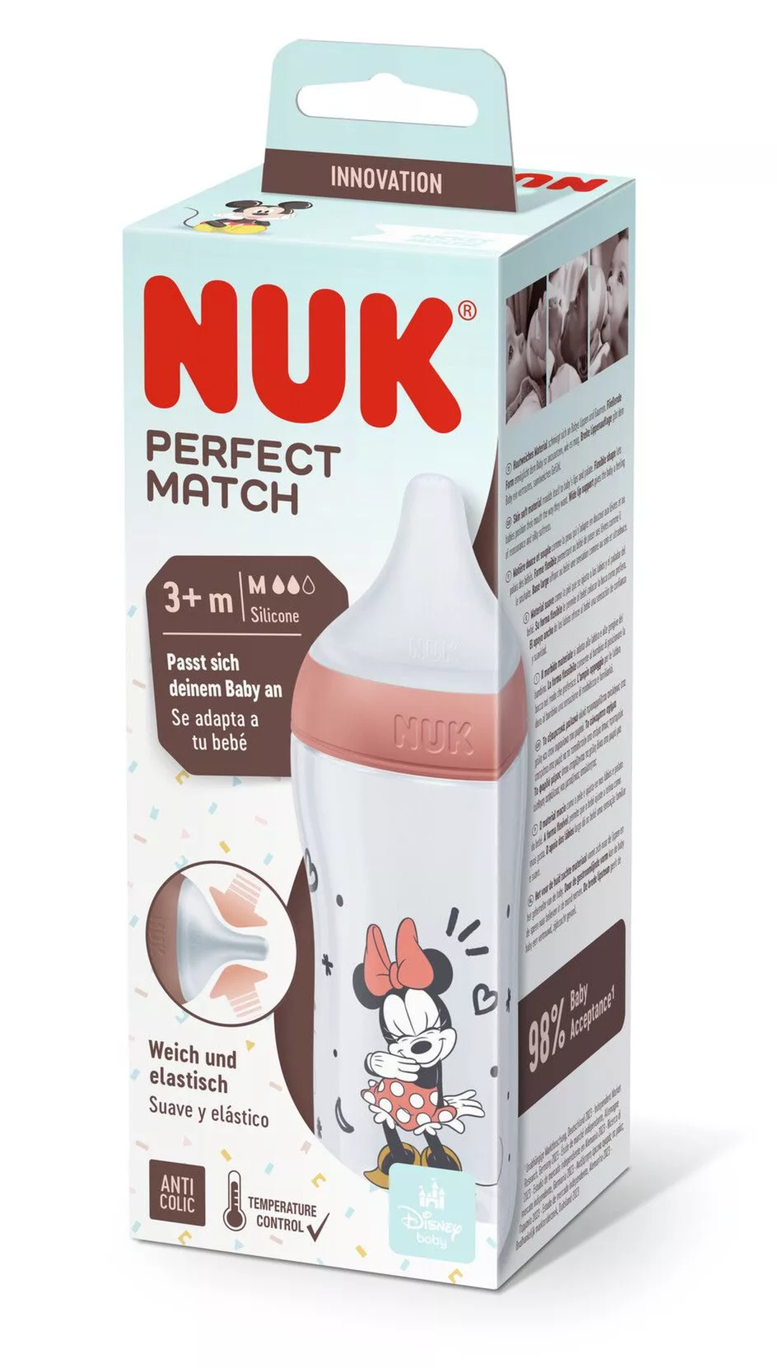 NUK Perfect Match Шише РР 260мл със Силиконов Биберон за Хранене M 3+ месеца Minnie Червено