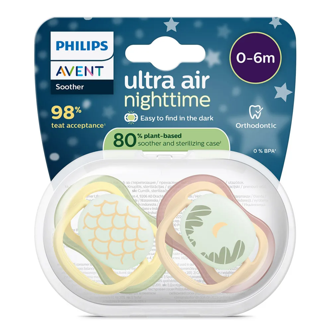 Philips AVENT SCF376/27 Комплект 2 Броя Светещи Ортодонтични Силиконови Залъгалки Ultra Air от 0-6м+ с Картинки в кутия за Стерилизиране