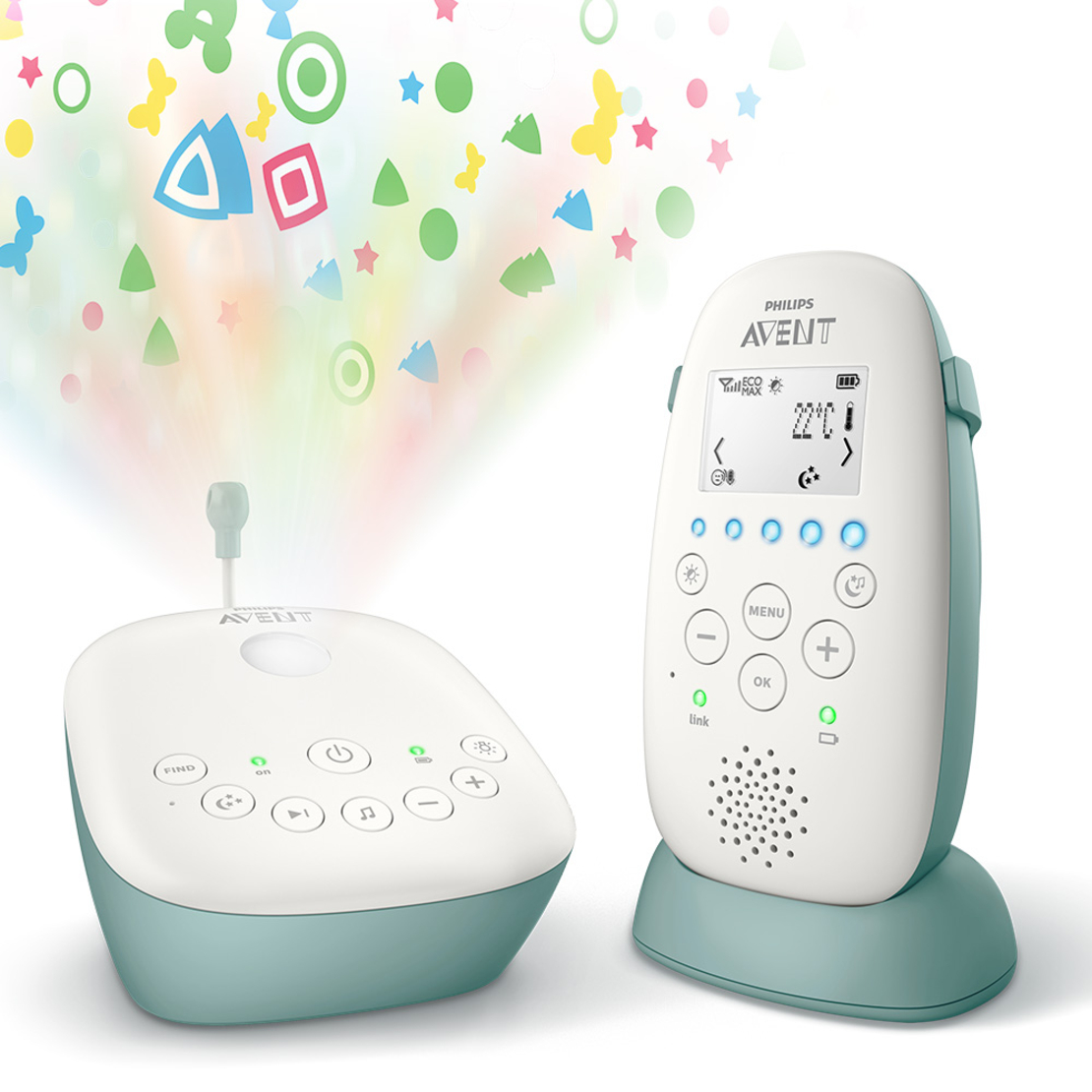 Philips AVENT SCD731/52 DECT Бебефон Температурен Сензор с Успокояваща Нощна Светлина и Приспивни Песни и Нощен Проектор
