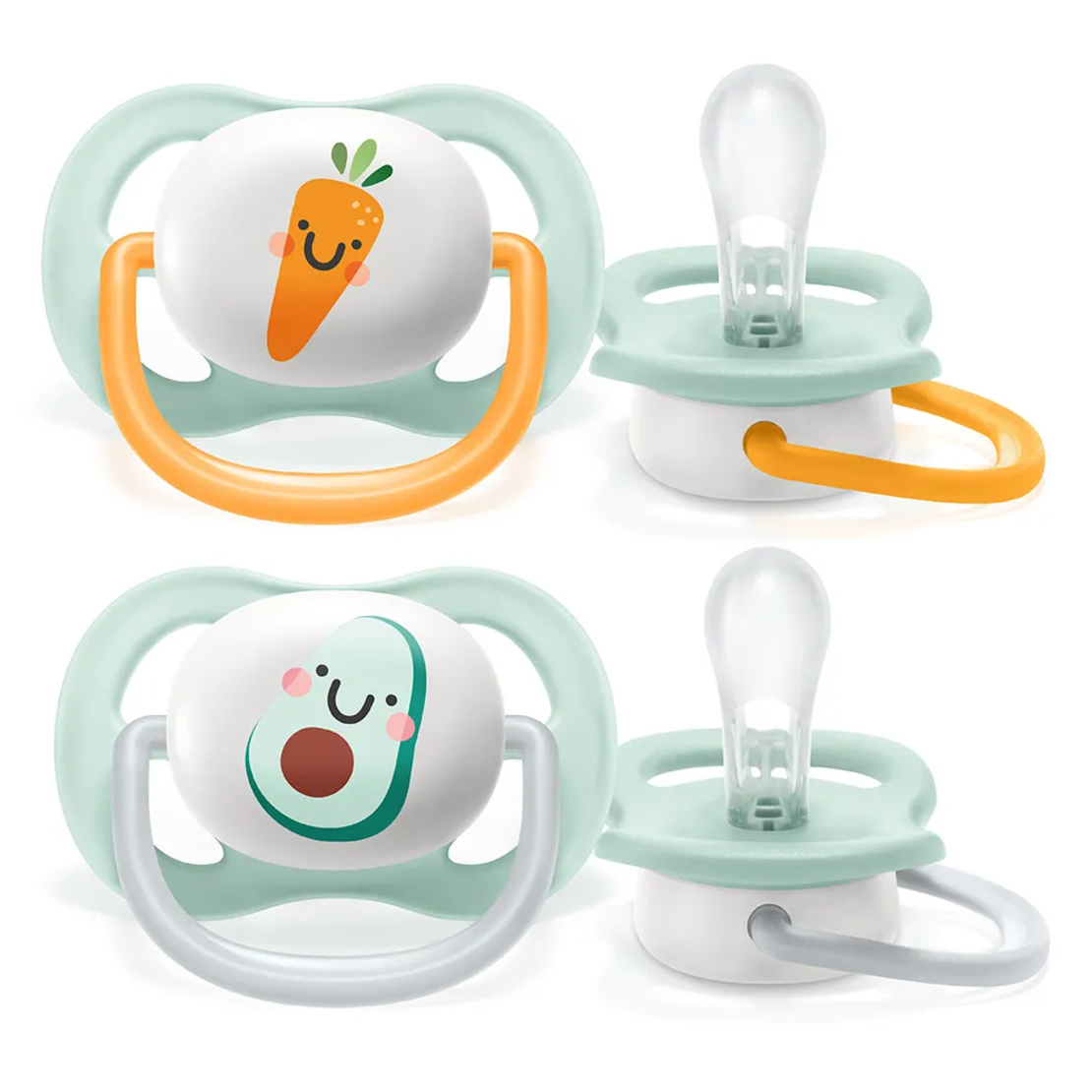 Philips AVENT SCF080/02 Комплект 2 Броя Ортодонтични Залъгалки Ultra Air Happy 0-6м+ с Декорация Плодове в Кутия за Стерилизиране
