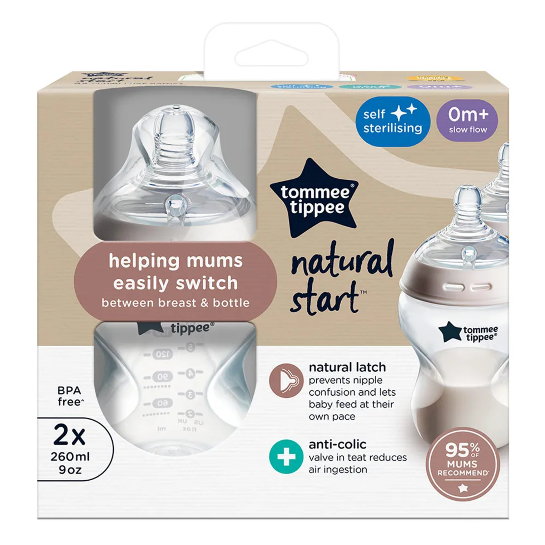 Tommee Tippee Natural Start Самостеризиращо 260 мл Комплект от 2 Броя Бебешки Шишета за Хранене с Биберон с Бавен Поток 1 Капка0м+