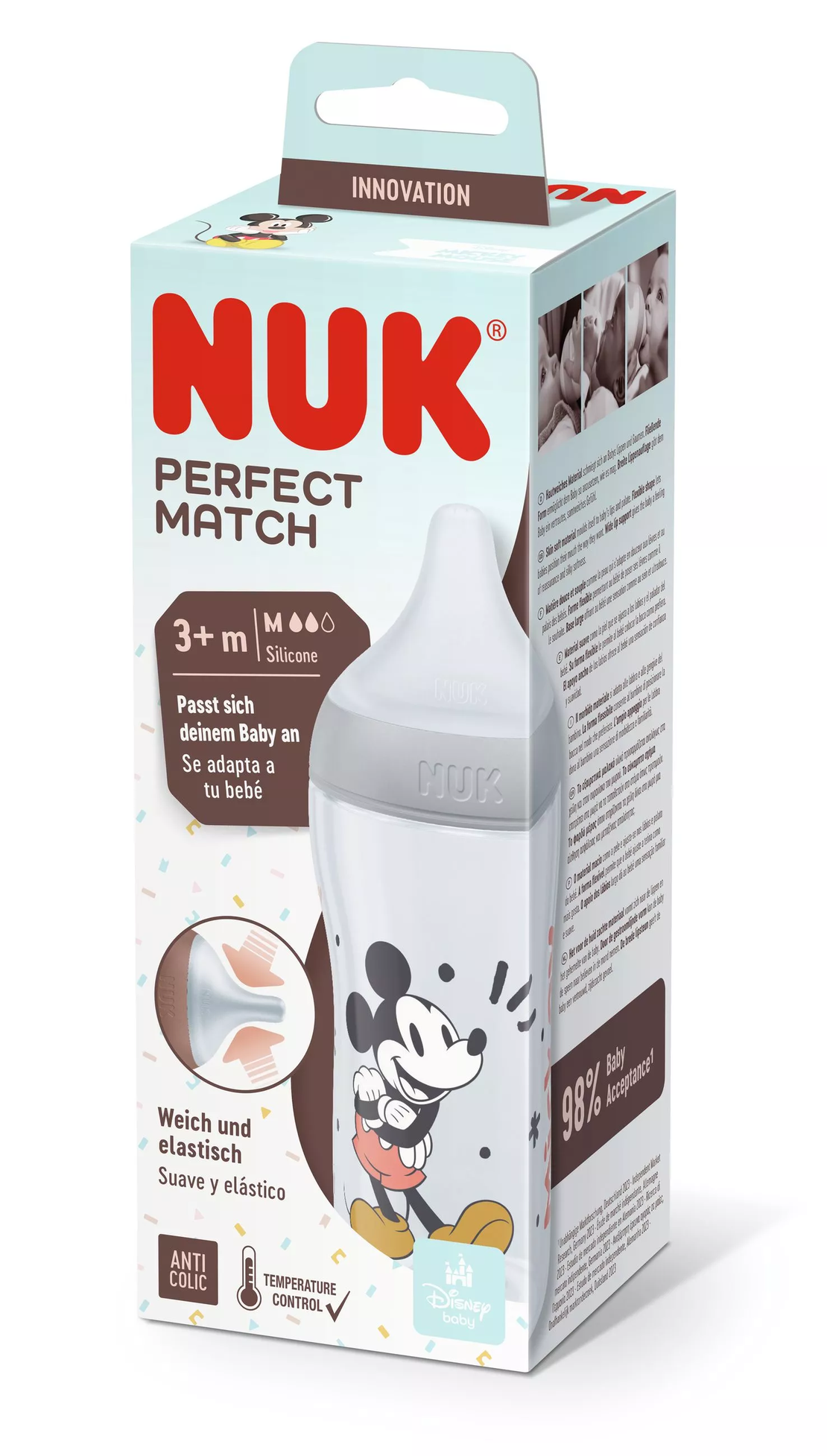NUK Perfect Match Шише РР 260мл със Силиконов Биберон за Хранене M 3+ месеца Mickey Сиво