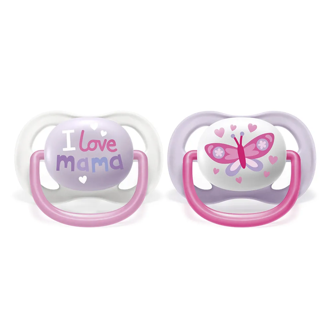 Philips AVENT SCF080/02 Комплект 2 Броя Ортодонтични Залъгалки Ultra Air Happy 0-6м+с Декорация Пеперуда и Надпис Love в Кутия за Стерилизиране