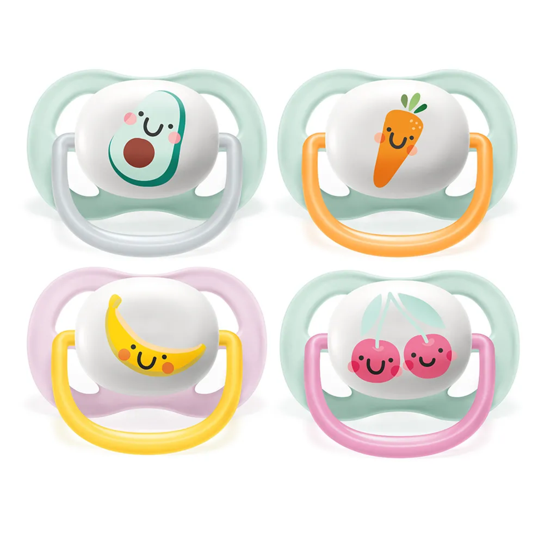 Philips AVENT SCF080/02 Комплект 2 Броя Ортодонтични Залъгалки Ultra Air Happy 0-6м+ с Декорация Плодове в Кутия за Стерилизиране