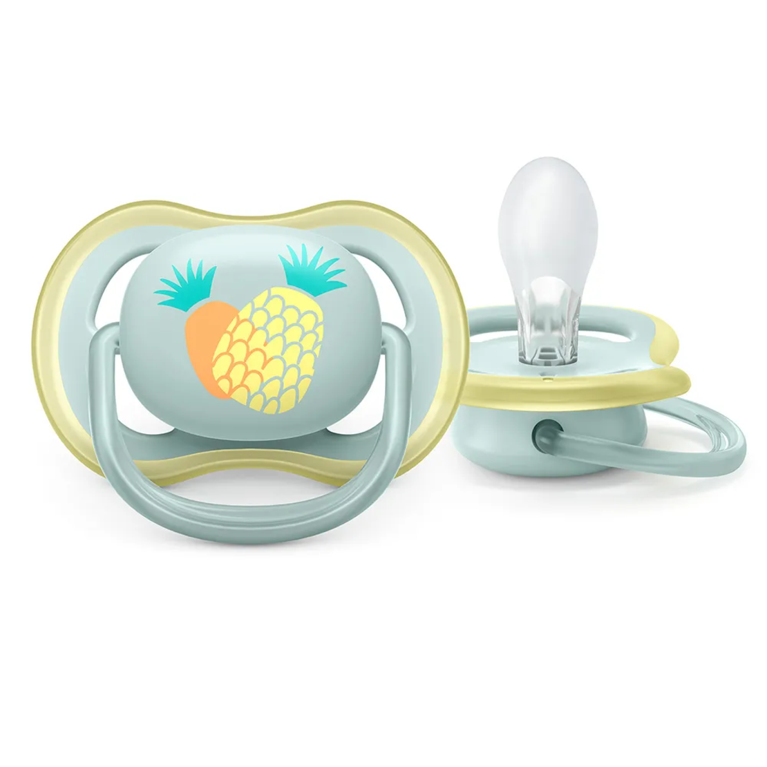 Philips AVENT SCF085/12 Комплект 2 Броя Ортодонтични Залъгалки Ultra Air 0-6м+ с Декорация Папагал и Ананас в Кутия за Стерилизиране