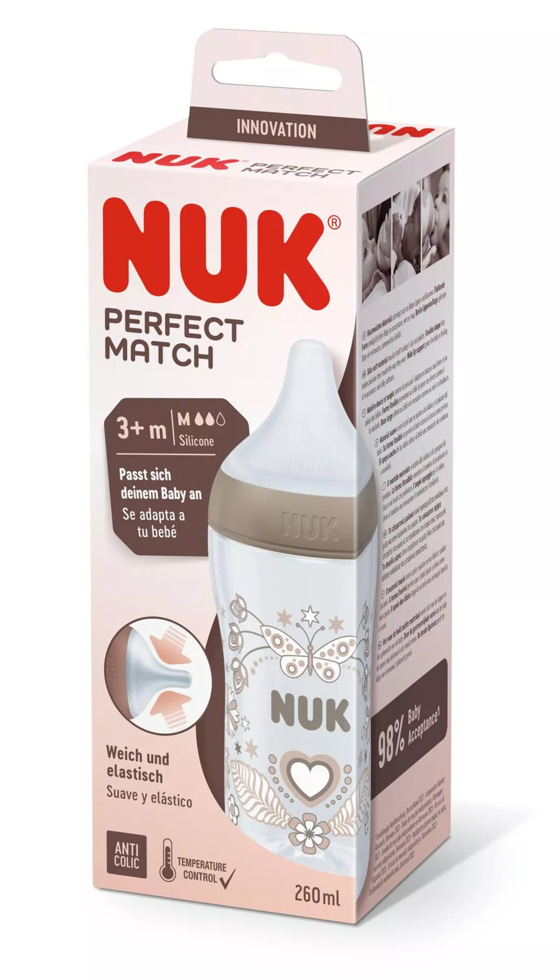 NUK Perfect Match Шише РР 260мл със Силиконов Биберон за Хранене M 3+ месеца и Сърце