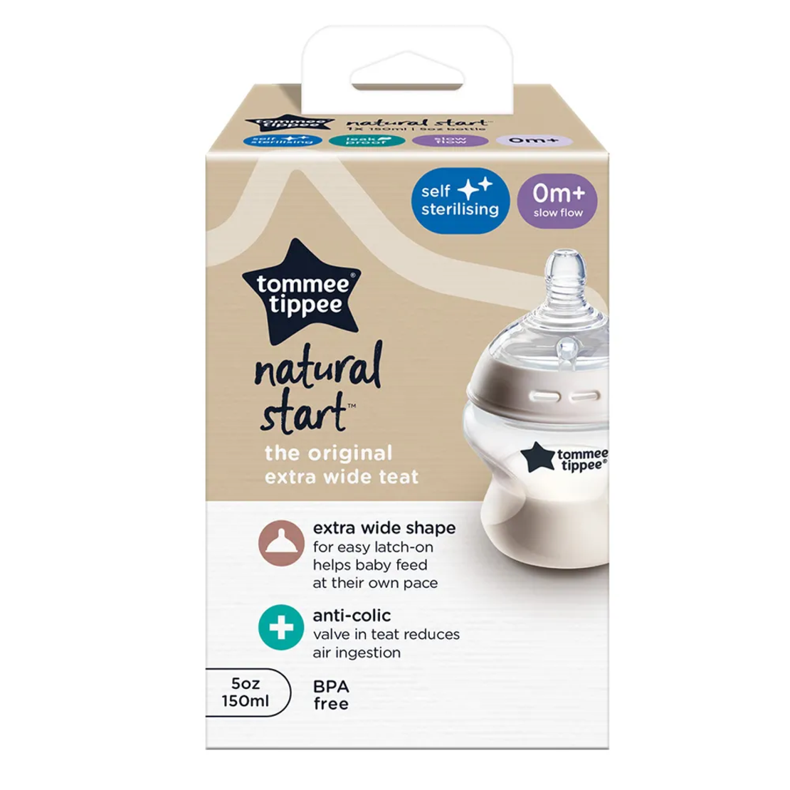 Tommee Tippee Natural Start Самостерилизиращо 150 мл Бебешко Шише за Хранене с Биберон с Бавен Поток 1 капка 0м+