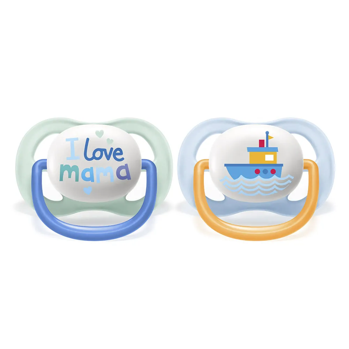 Philips AVENT SCF080 Комплект 2 Броя Ортодонтични Залъгалки Ultra Air Animals 0-6м+ Декорация Надпис и Лодка в Кутия за Стерилизиране