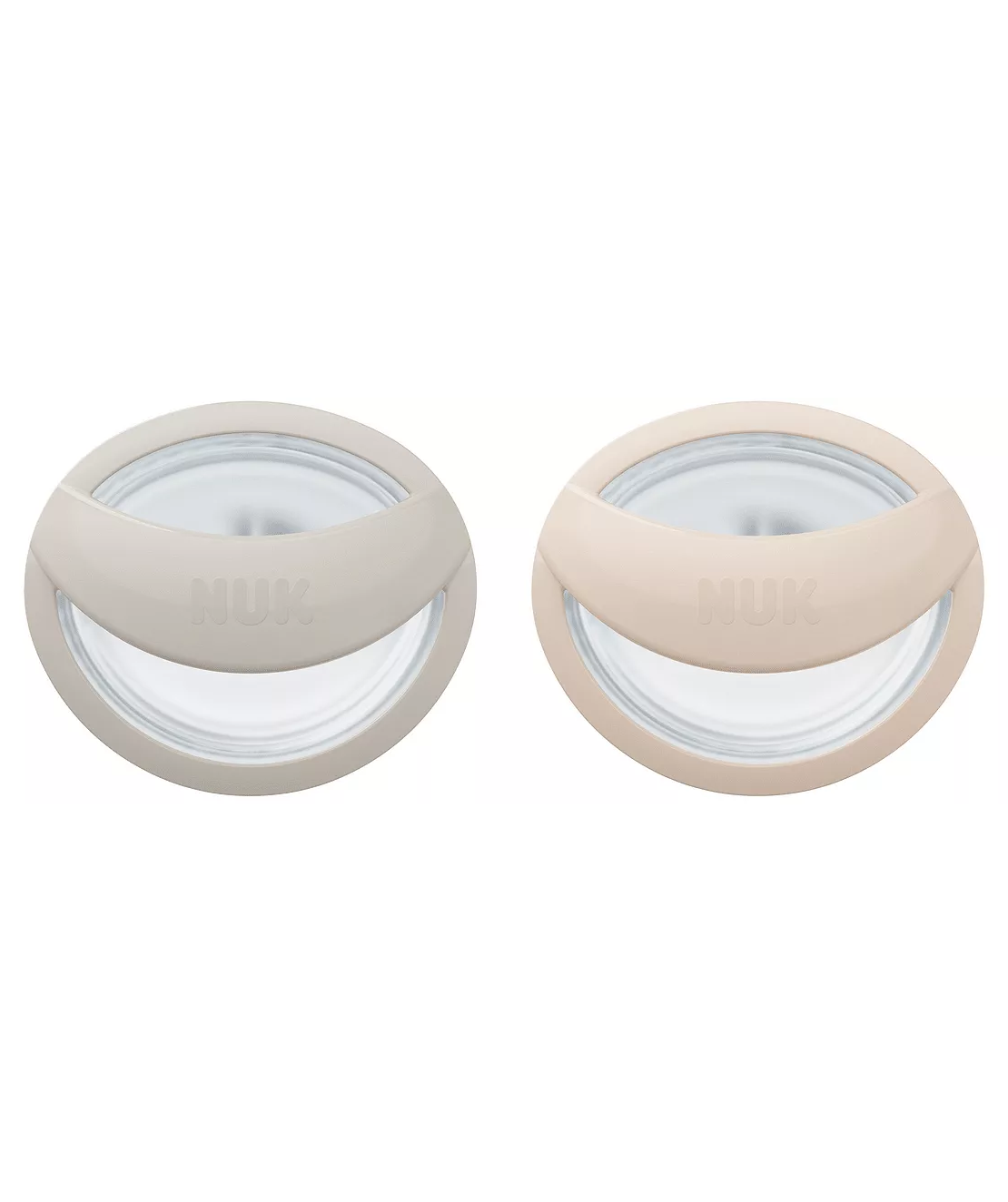 NUK Биберони Залъгалки Силиконови 0-9 месеца 2 броя Mommy Feel Сива и Бежова и Кутийка за Съхранение