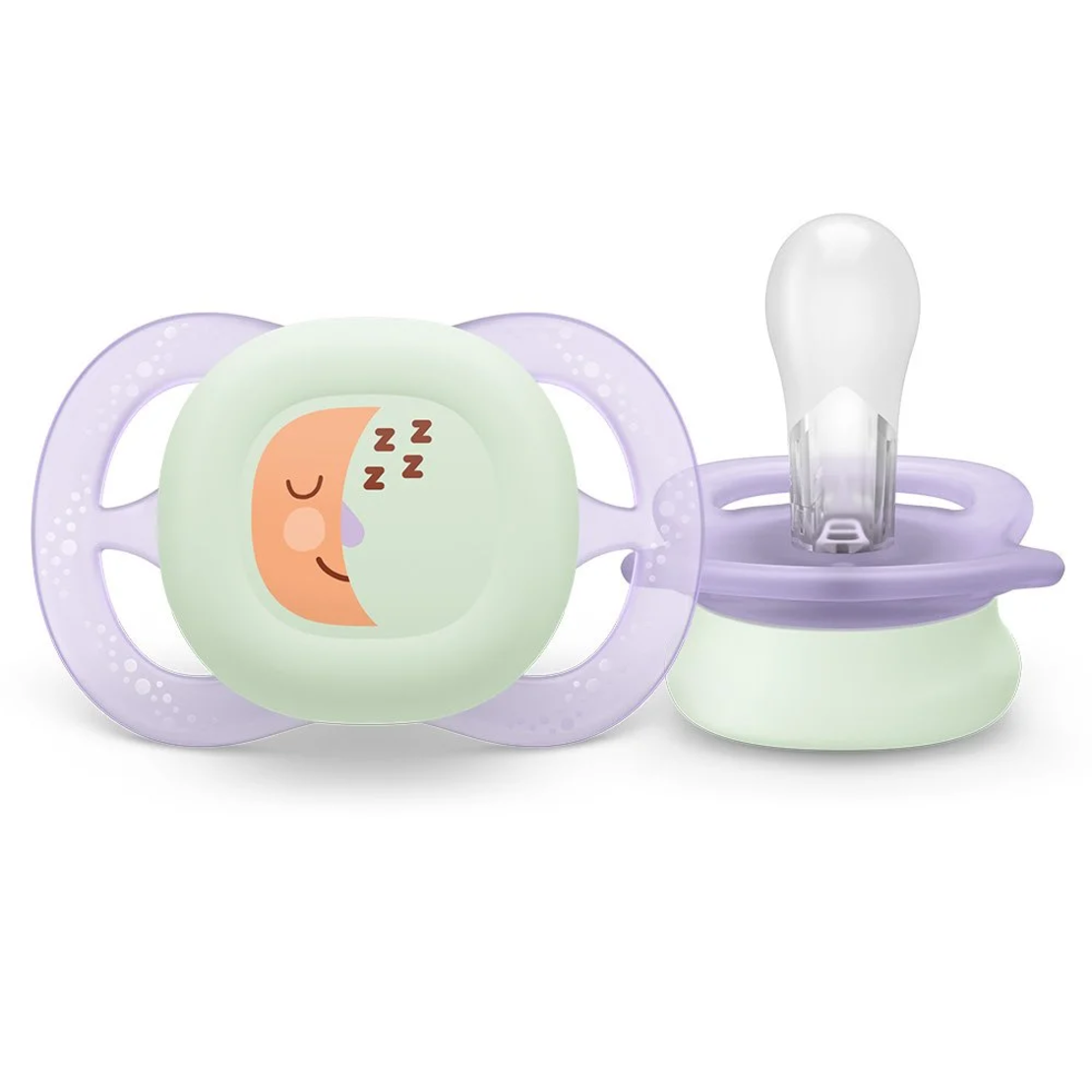 Philips AVENT SCF075/07 Комплект от 2 броя светещи в тъмното ортодонтични Ultra Start Night 0-2м в оранжево и лилаво с декор луна и звезди в кутия за стерилизиране