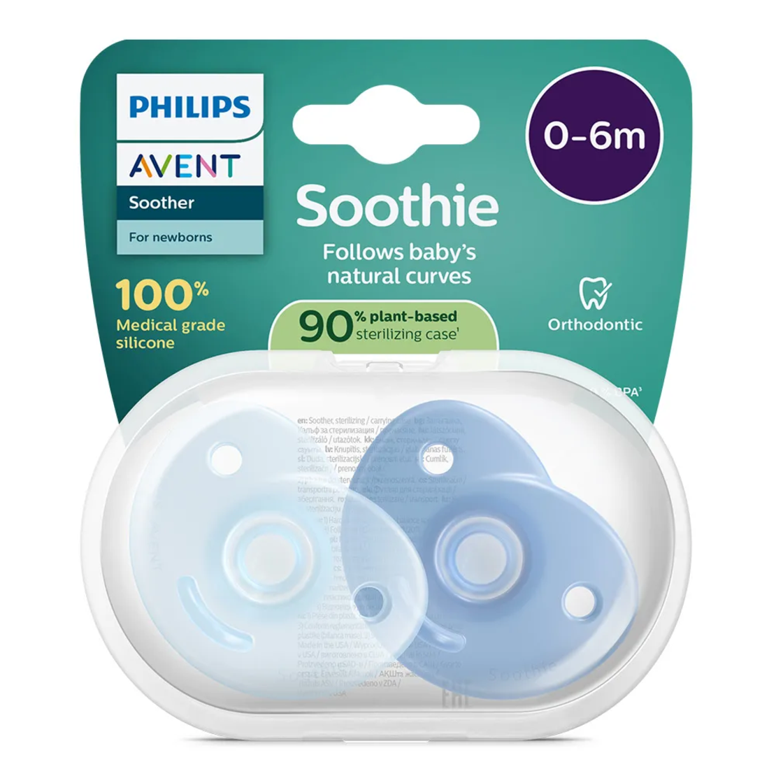 Philips Avent SCF099/26 Комплект от 2 Броя Ортодонтични Силиконови Залъгалки SOOTHIE 0-6м+ Сини в Кутия за Стерилизиране