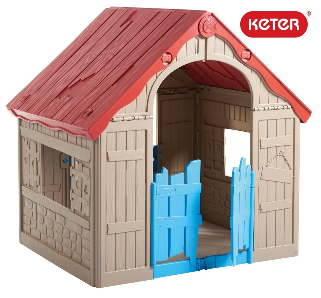  Сгъваема пластмасова къща за игра Keter Wonderfold, Червена/Бежова/Синя 