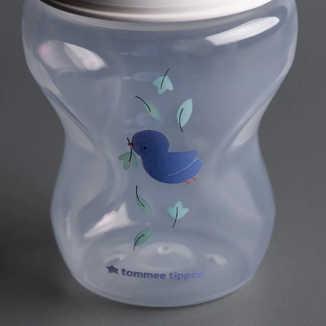 Tommee Tippee Natural Start Самостерилизиращо Бебешко Шише за Хранене с Декорация Синьо Птиче 260 мл с Биберон с Бавен Поток 1 Капка 0м+