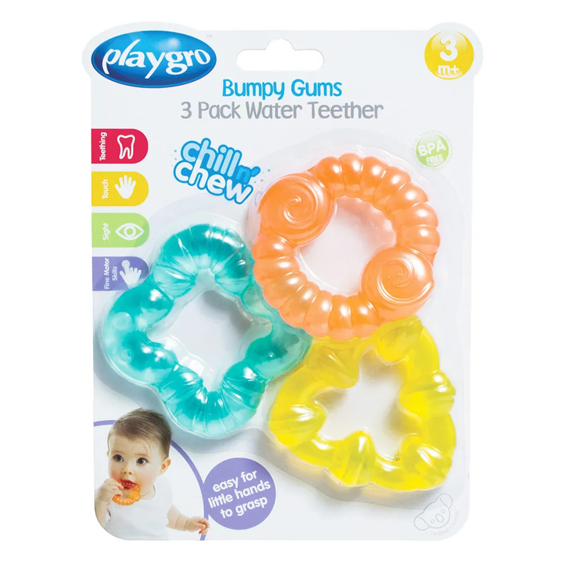 Playgro Комплект от 3 Броя цветни Гризалки с Вода Подходящи за Охлаждане в Хладилник 3м+