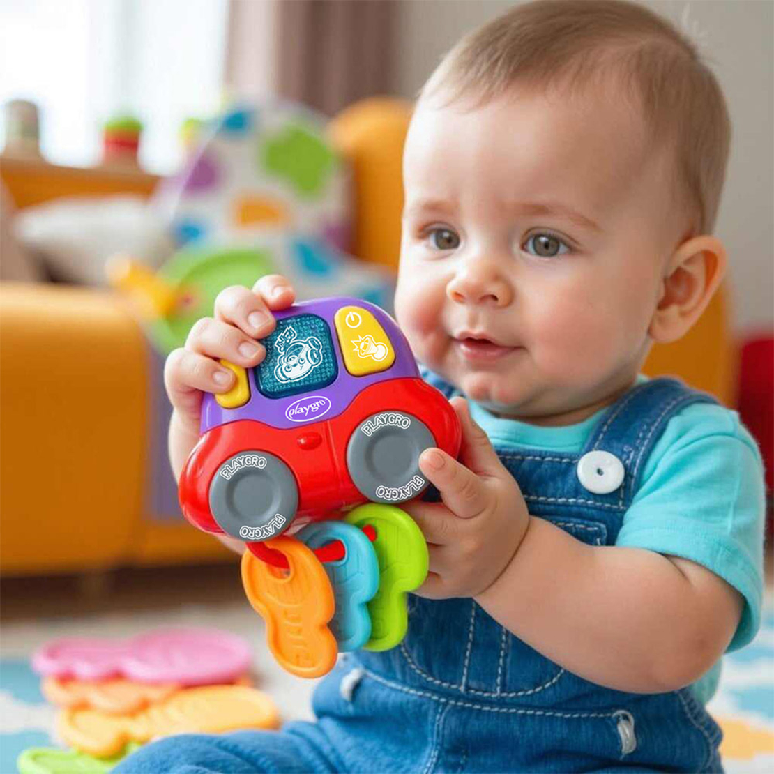 Playgro Музикална играчка Кола с Ключове от с 5 мелодии и 13 забавни звука мигаща светлина 3 меки и гъвкави ключове за гризане