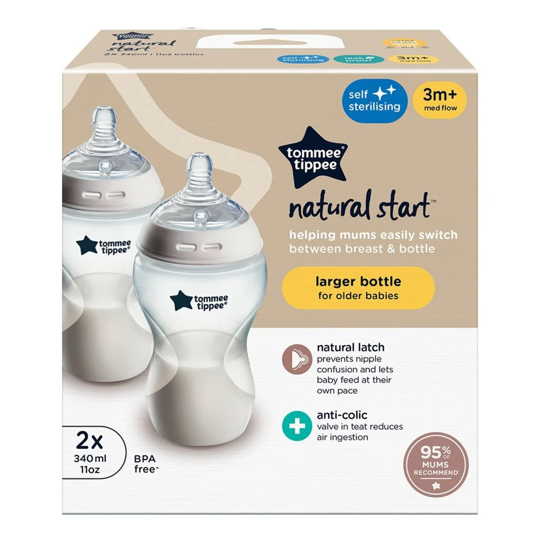 Tommee Tippee Natural Start САМОСТЕРИЛИЗИРАЩ се Комплект от 2 броя бебешки шишета 340мл. за хранене  с биберон със среден поток 3м+