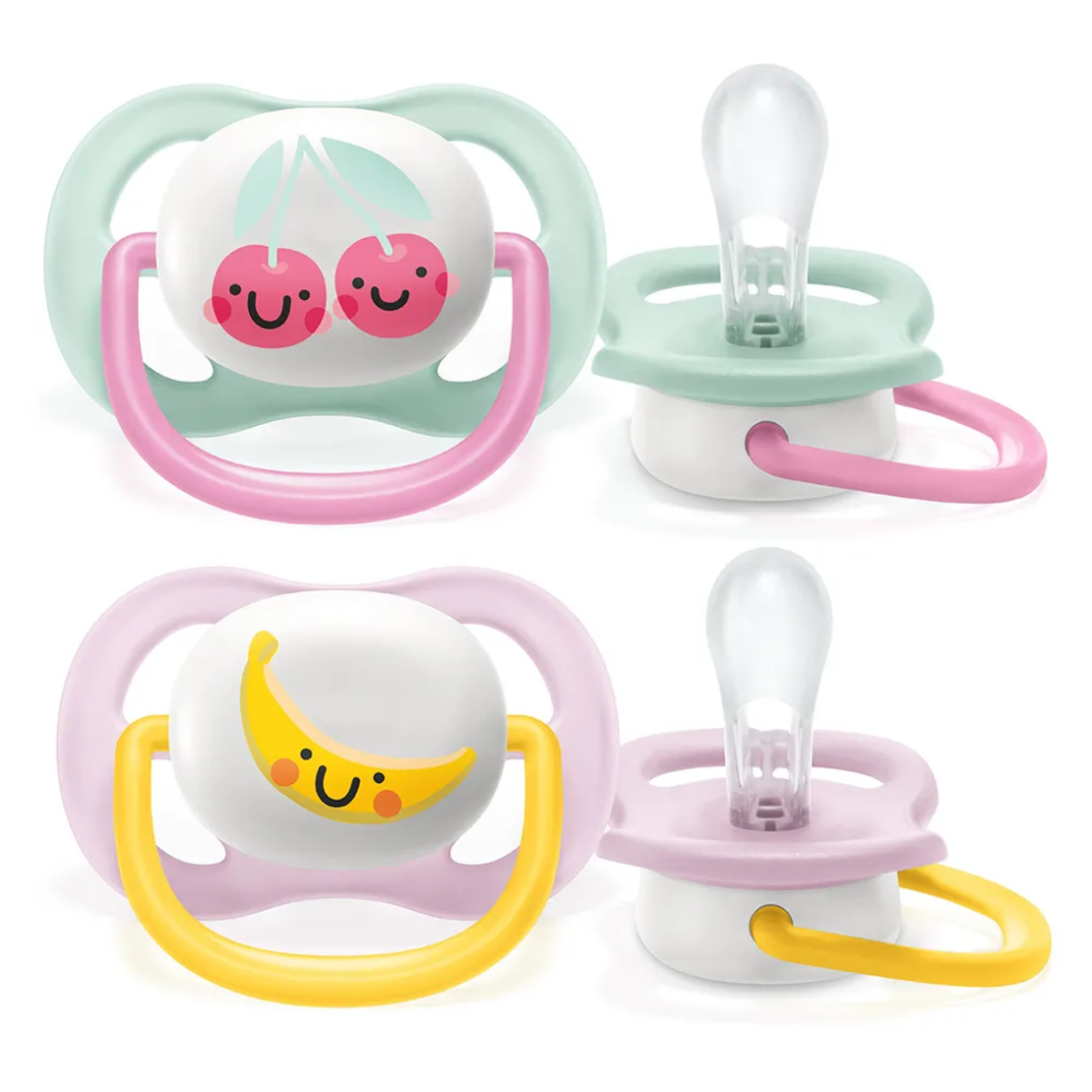 Philips AVENT SCF080/02 Комплект 2 Броя Ортодонтични Залъгалки Ultra Air Happy 0-6м+ с Декорация Плодове в Кутия за Стерилизиране