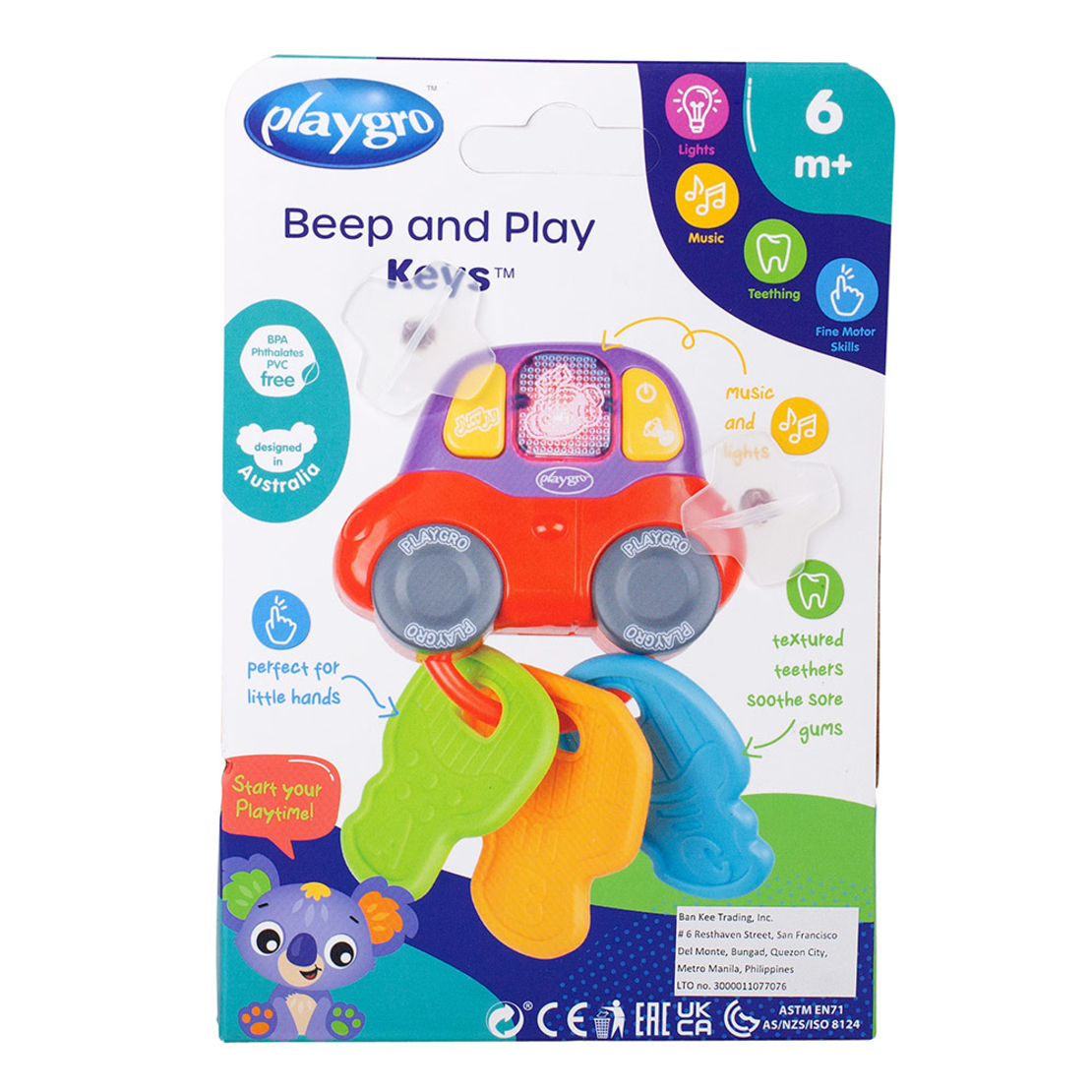 Playgro Музикална играчка Кола с Ключове от с 5 мелодии и 13 забавни звука мигаща светлина 3 меки и гъвкави ключове за гризане