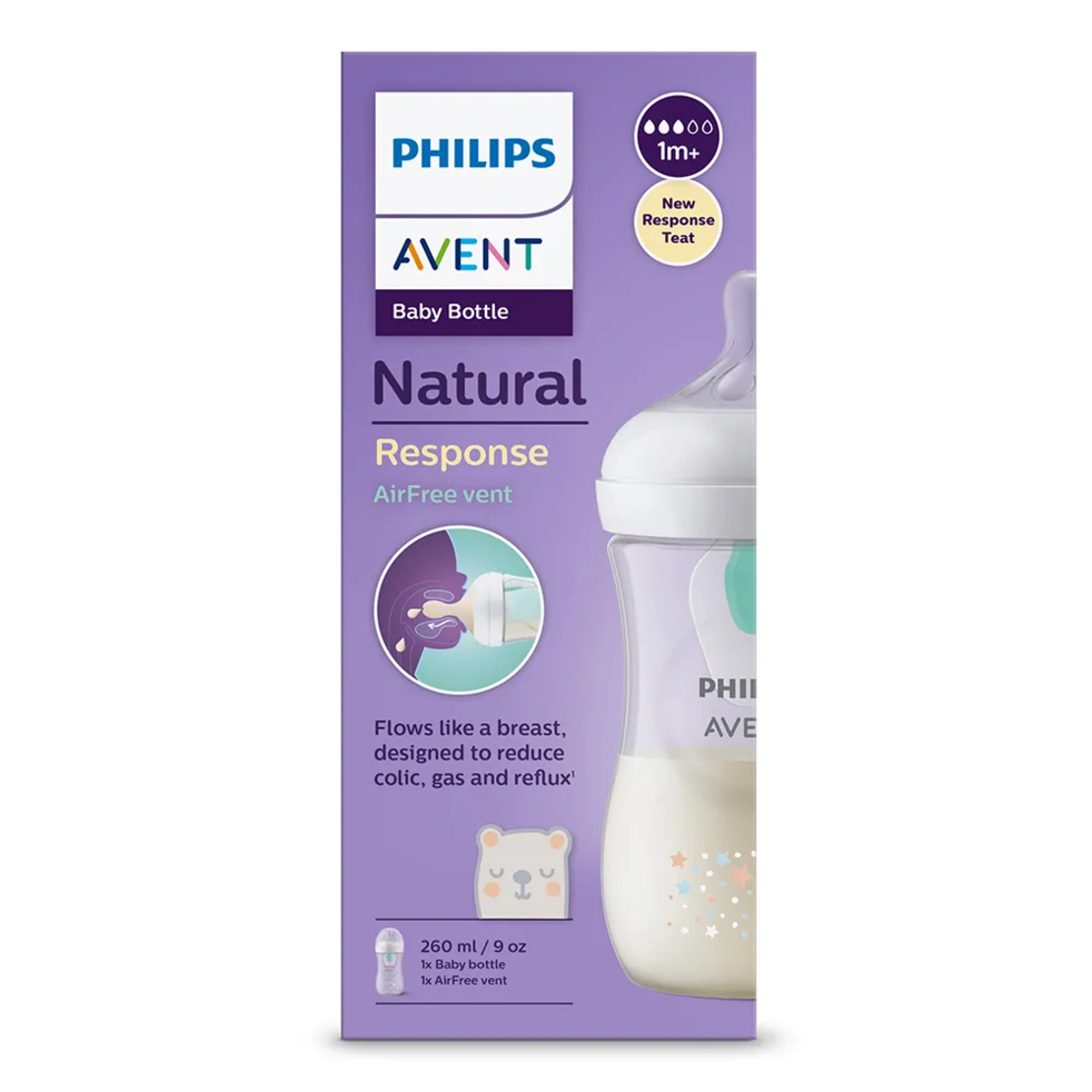 Philips AVENT SCY673/82 Natural Response Шише за Хранене с клапа AirFree 260 мл с Биберон без Протичане Поток 3 с картинки Звезди и Мече