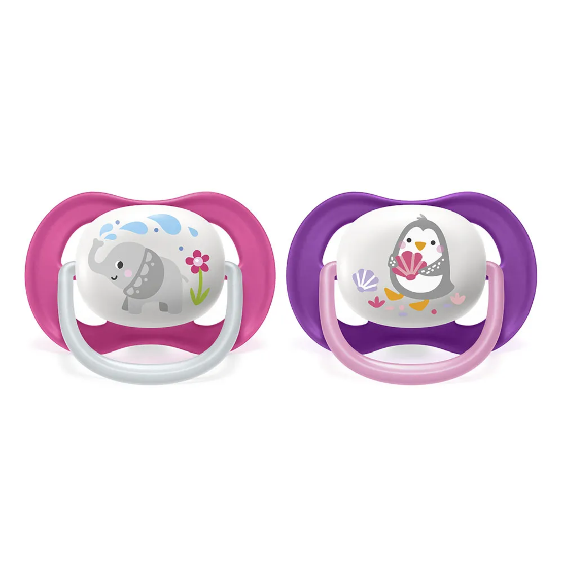 Philips AVENT SCF080/08 Комплект 2 Броя Ортодонтични Залъгалки Ultra Air Animals 6-18м+ Декорация Слон и Пингвин в Кутия за Стерилизиране
