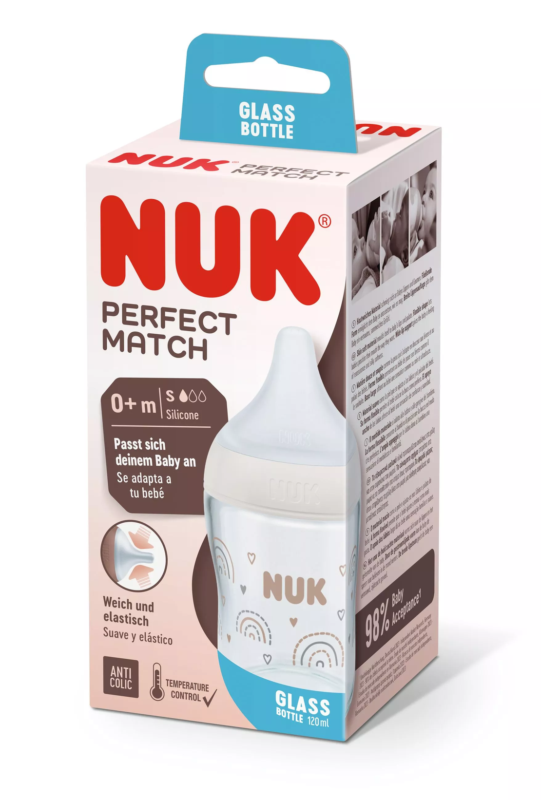 NUK Perfect Match Стъклено Шише 120мл със Силиконов Биберон за Хранене S 0+ месеца с Дъга