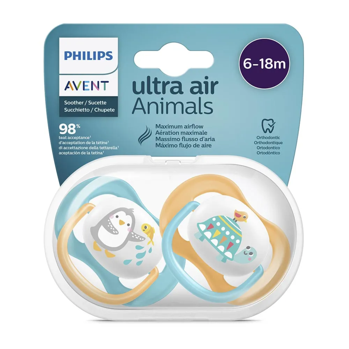 Philips AVENT SCF080/07 Комплект 2 Броя Ортодонтични Залъгалки Ultra Air Animals 6-18м+ Декорация Пингвин и Костенурка в Кутия за Стерилизиране