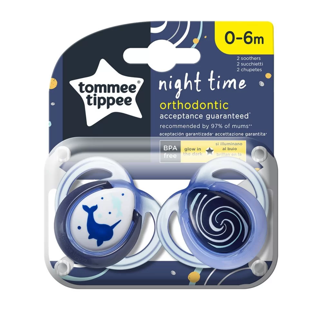 Tommee Tippee ОРТОДОНТИЧНИ ЗАЛЪГАЛКИ - NIGHT 0-6М (2 бр./оп.) НАРВАЛ
