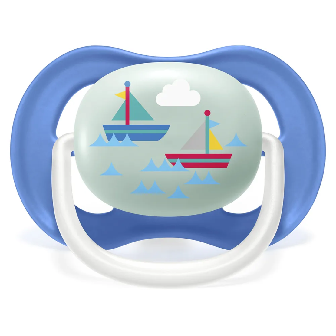 Philips Avent Комплект 2 Броя Ортодонтични Залъгалки Ultra Air Happy 6-18м+ с Декорация Надпис и Лодка в Кутия за Стерилизиране