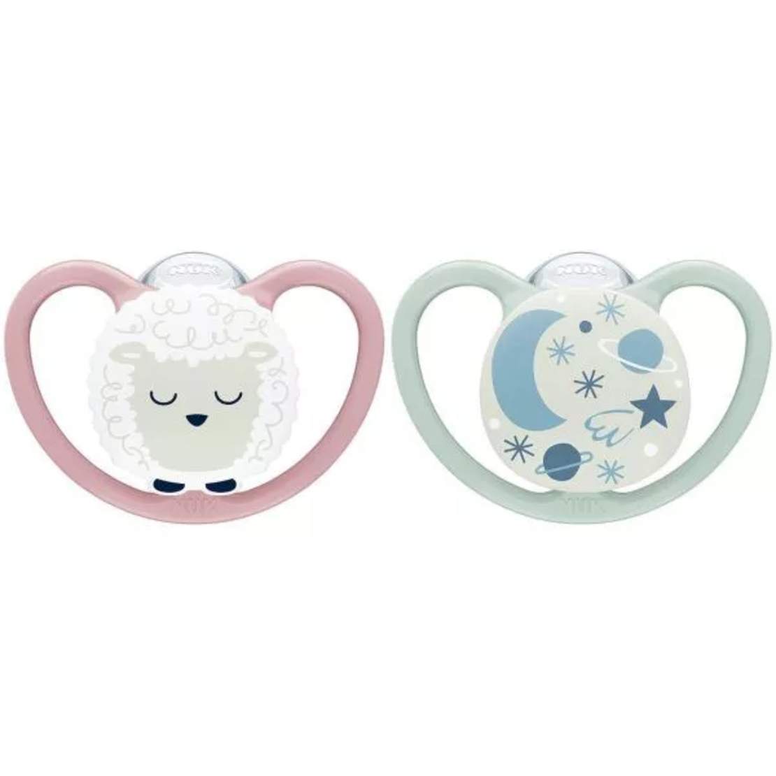 NUK Биберон Залъгалка Силикон 0-6 месеца 2 Броя Space Night Светеща Овца с Кутия