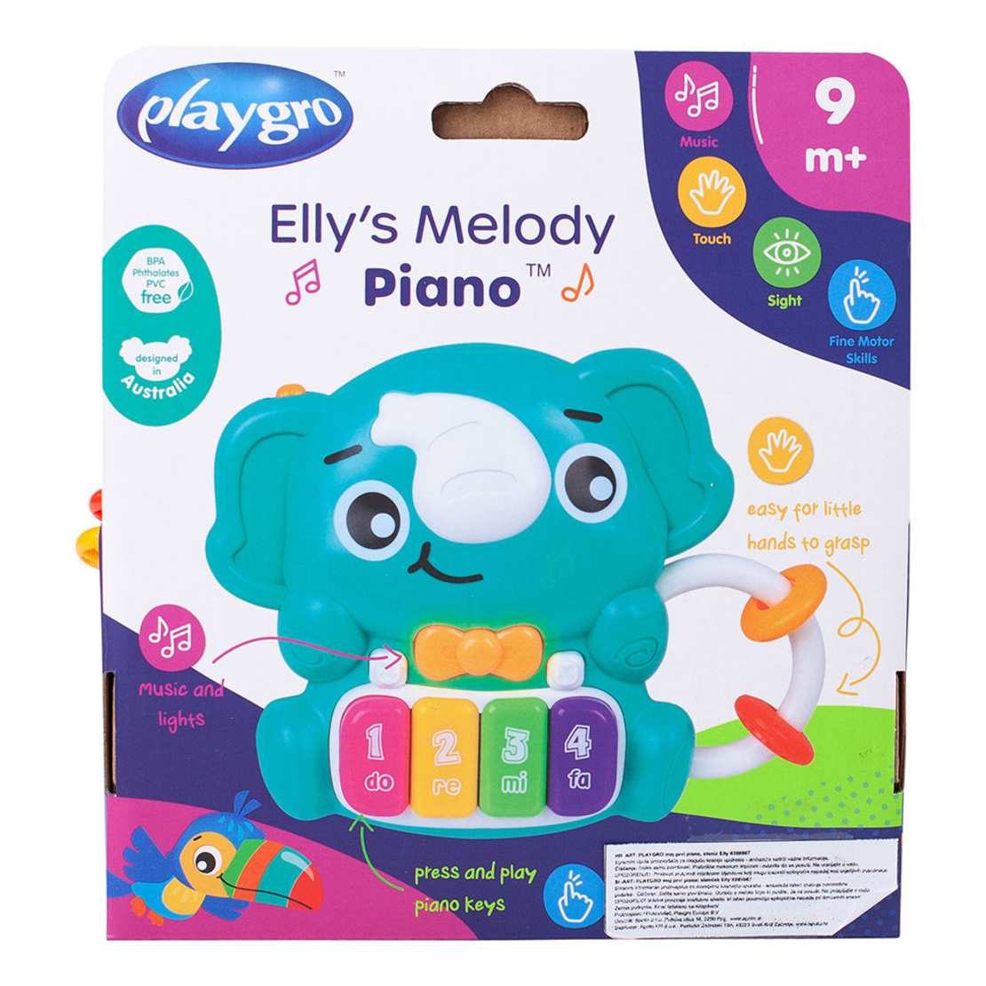 Playgro Elly's Melody Piano Музикална играчка от Забавен Образ на Слонче и Цветни Клавиши с 4 Мелодии и 5 Забавни Звука Удобна Дръжка с Цветна Мъниста