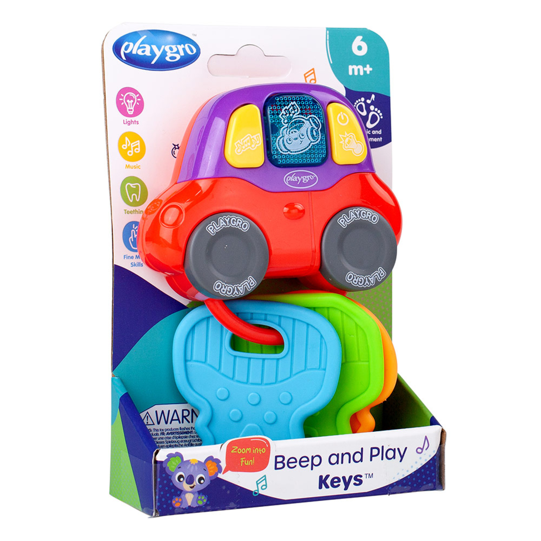 Playgro Музикална играчка Кола с Ключове от с 5 мелодии и 13 забавни звука мигаща светлина 3 меки и гъвкави ключове за гризане