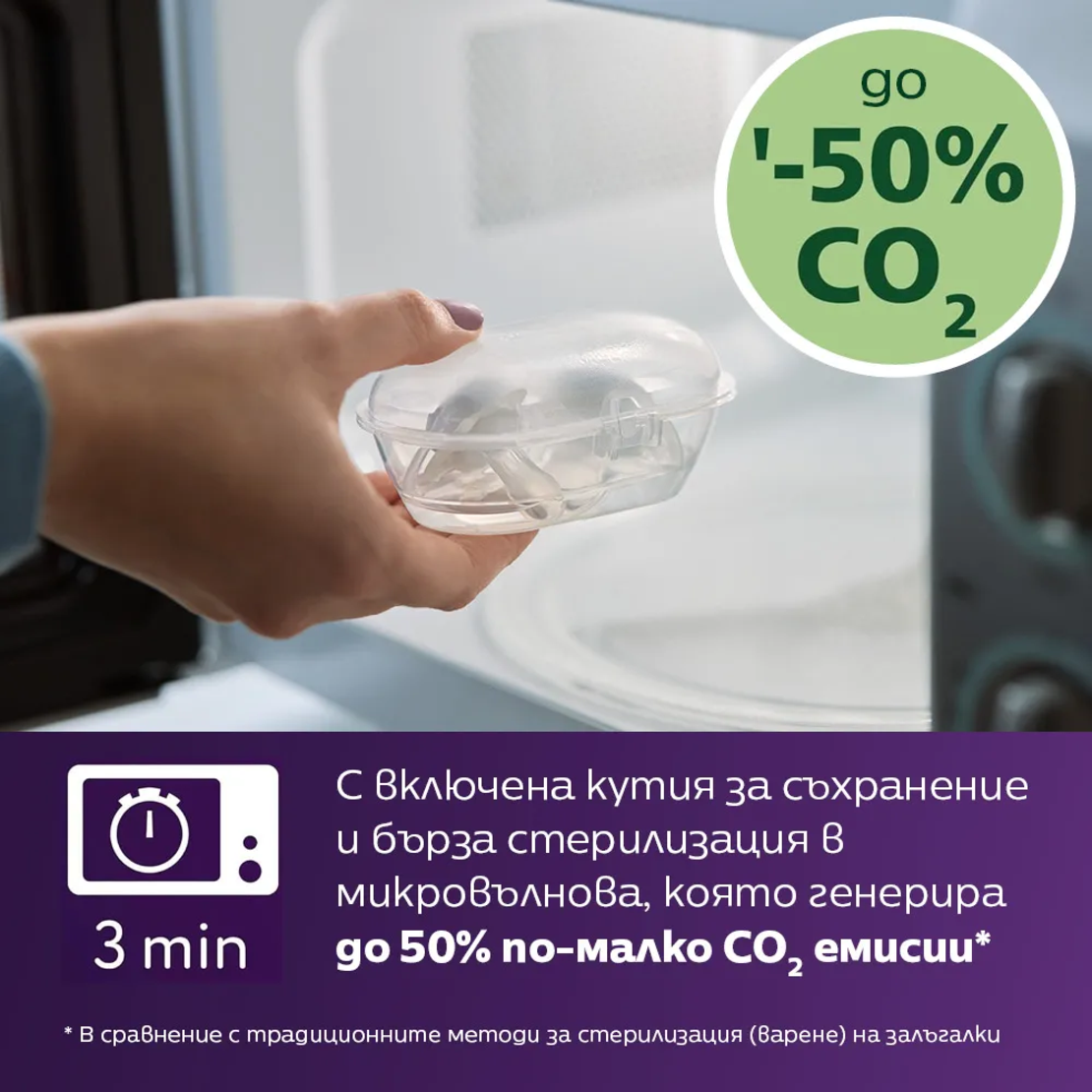 Philips AVENT SCF075/12 Комплект от 2 Броя Ортодонтски Силиконови Залъгалки Пастелни Цветове Ultra Start 0-2м+ в Кутия за Стерилизиране