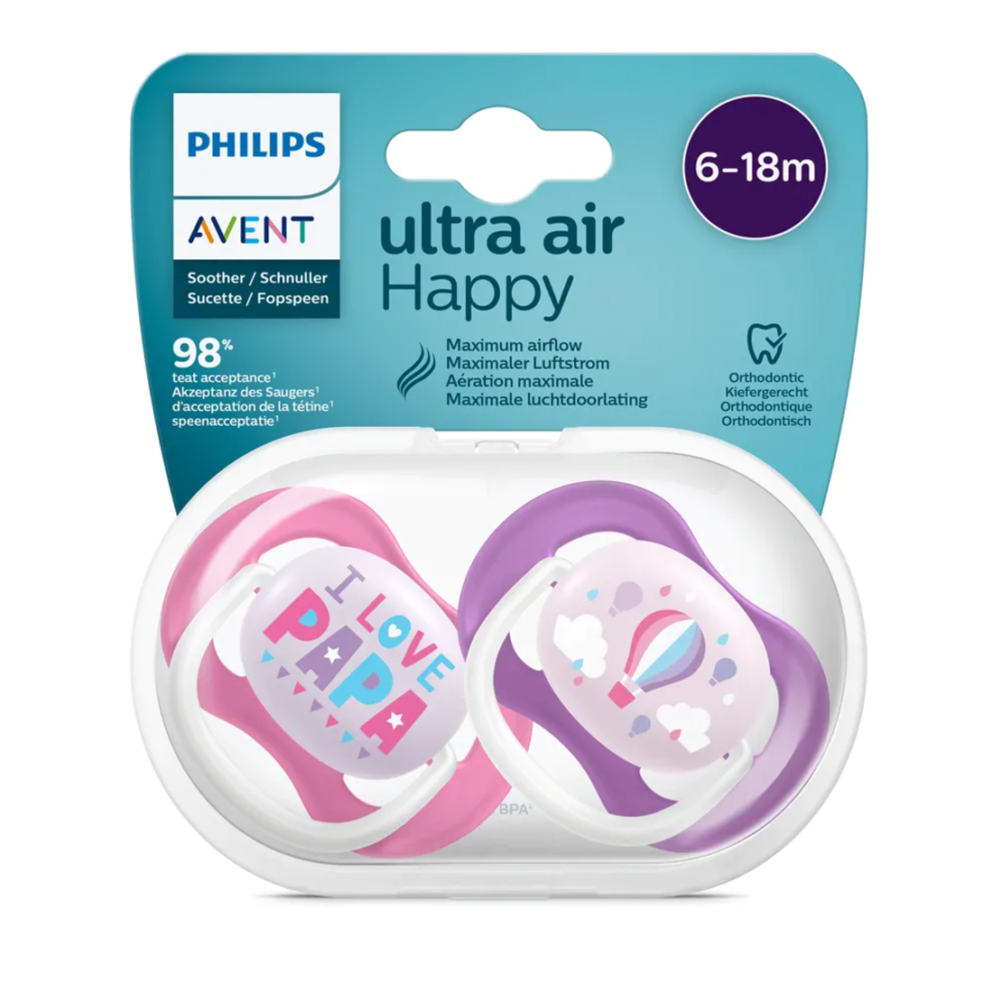 Philips AVENT SCF080 Комплект 2 Броя Ортодонтични Залъгалки Ultra Air Animals 6-18м+ Декорация Надпис и Балон в Кутия за Стерилизиране