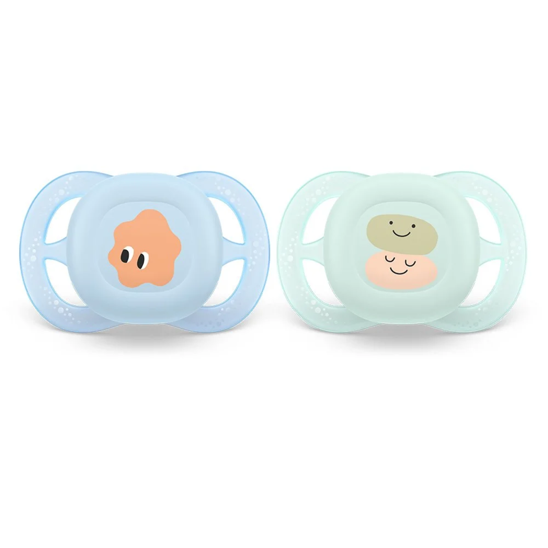 Philips AVENT SCF075/04 Комплект от 2 броя ортодонтични залъгалки за новородени  Ultra Start 0-2м в синьо и зелено със забавен декор в кутия за стерилизиране