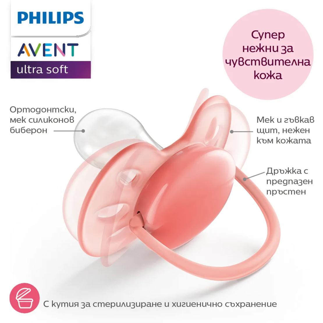 Philips AVENT SCF091/43 Комплект от 2 Броя Ортодонтични Силиконови Залъгалки Пастелни Цветове 6-18м+ в Кутия за Стерилизиране