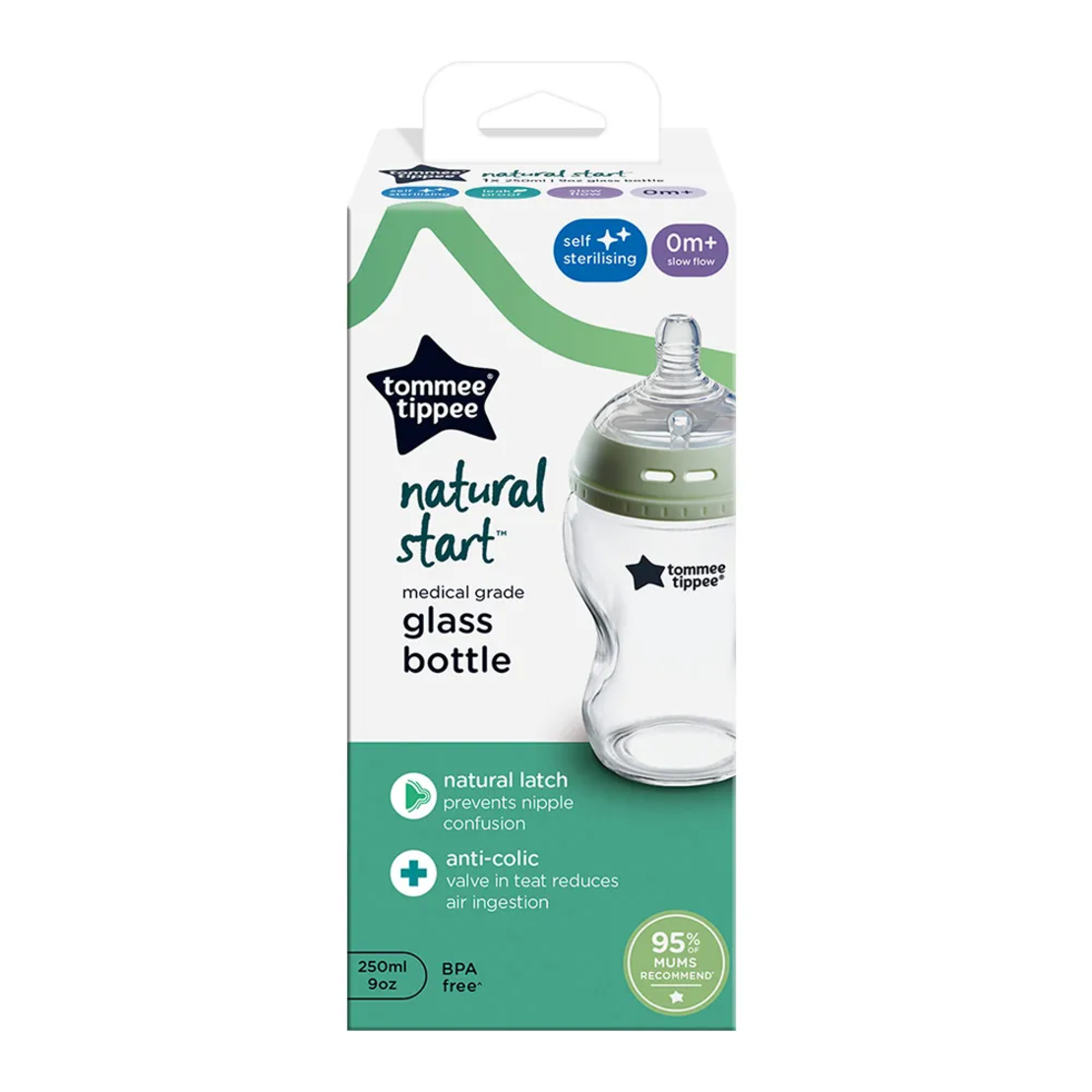 Tommee Tippee Natural Start Стъклено Шише за Хранене  250 ml с Биберон с Бавен Поток 0м+