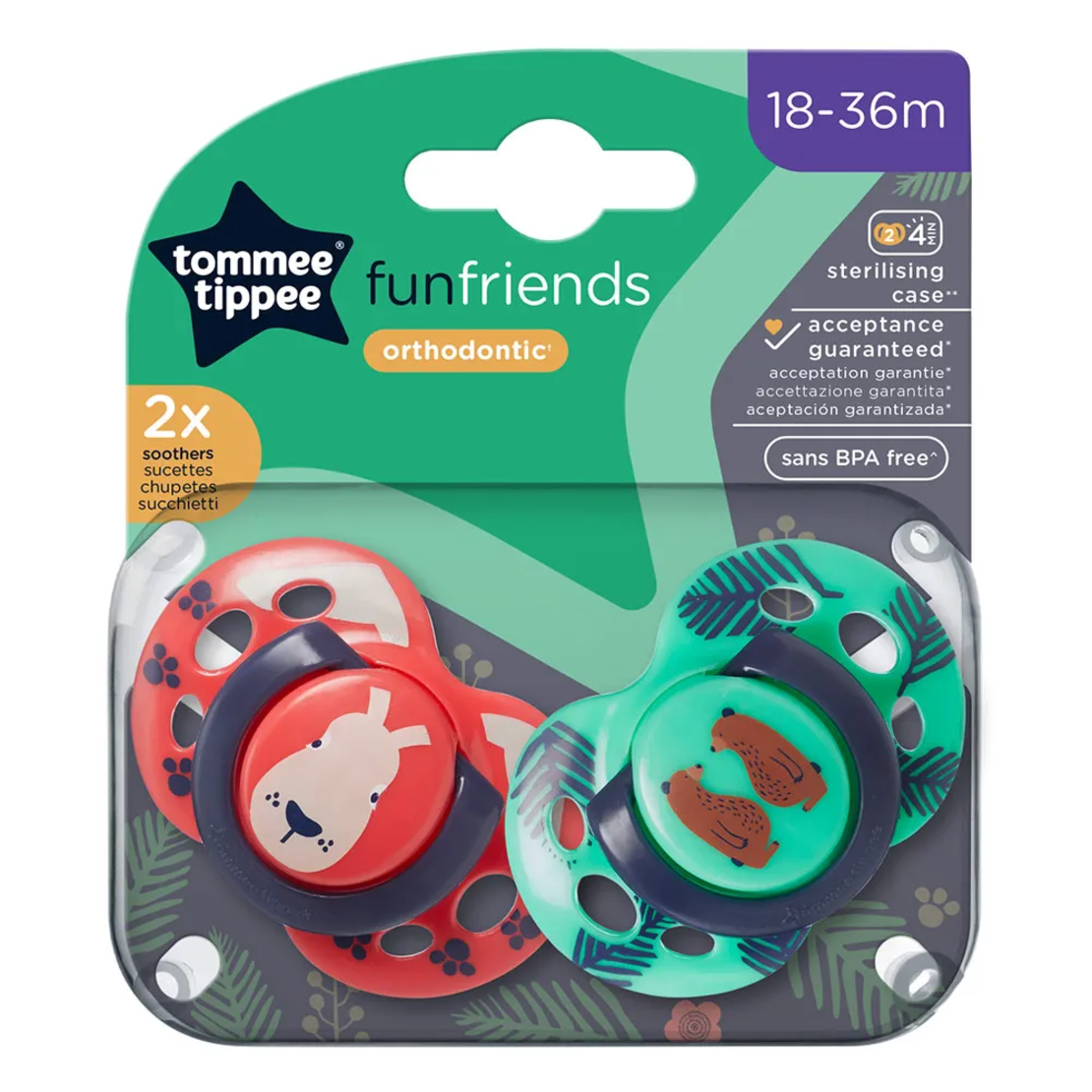 Tommee Tippee Ортодонтични Залъгалки Fun Friends 18-36М+ 2 Броя Кафяви Мечета
