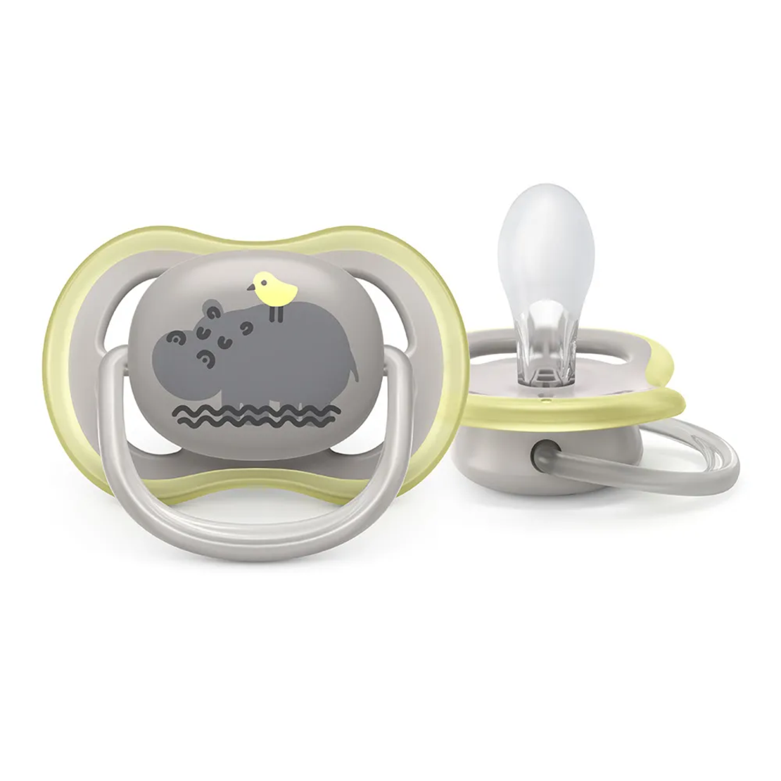 Philips AVENT SCF085/17 Комплект 2 Броя Ортодонтични Залъгалки Ultra Air 6-18м+ с Декорация Лъв и Хипопотам в Кутия за Стерилизиране