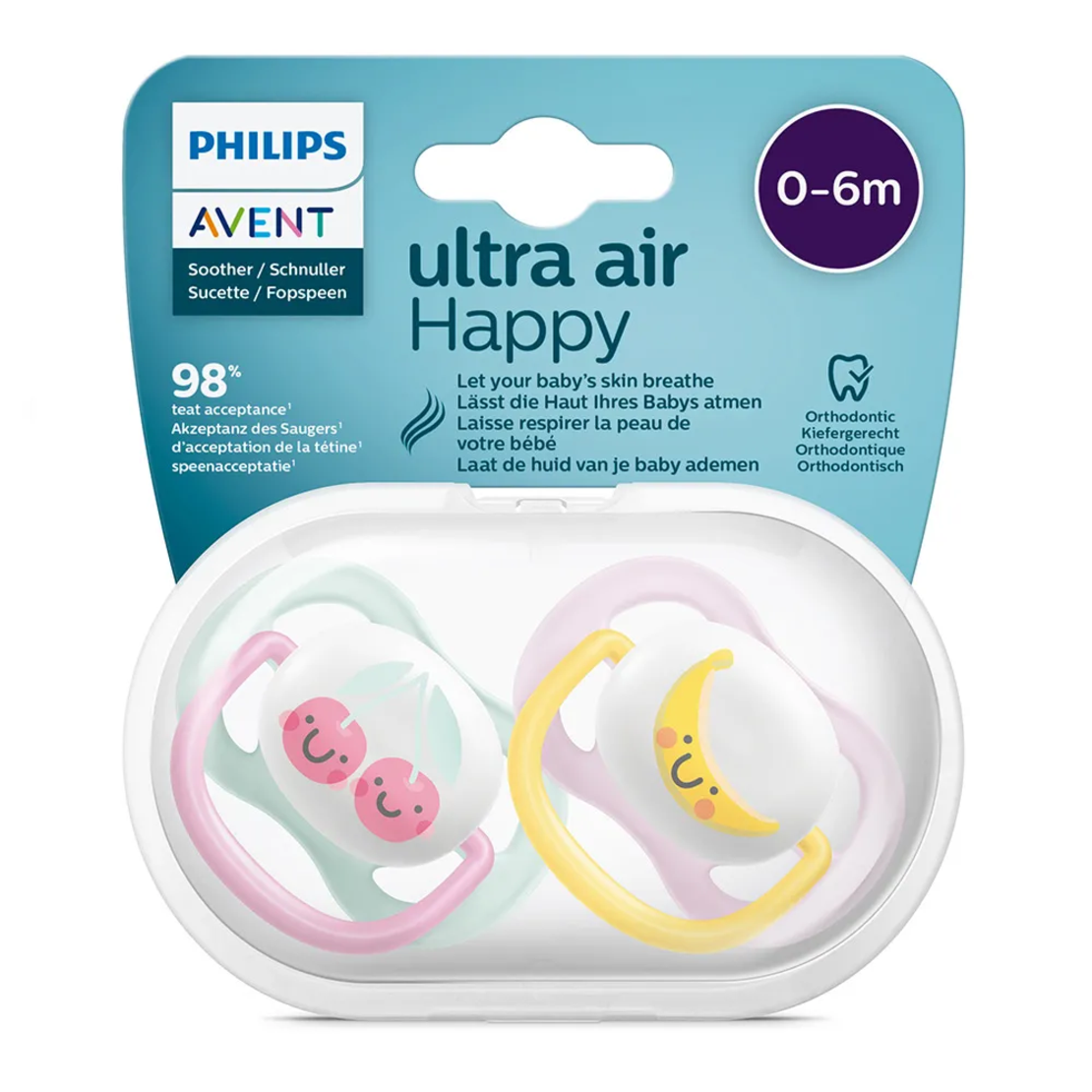 Philips AVENT SCF080/02 Комплект 2 Броя Ортодонтични Залъгалки Ultra Air Happy 0-6м+ с Декорация Плодове в Кутия за Стерилизиране